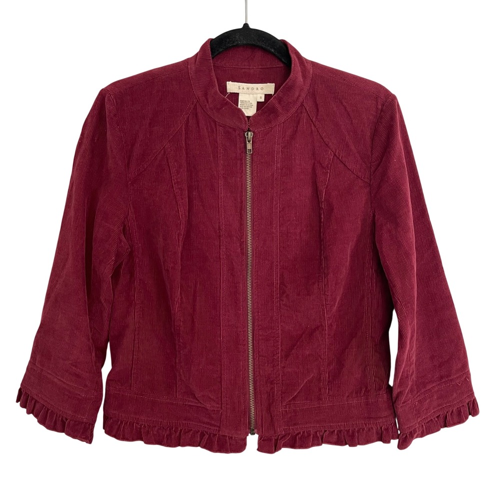 Sandro Paris Corduroy Ruffle Zip Front Jacket Burgundy Red Womens Size S